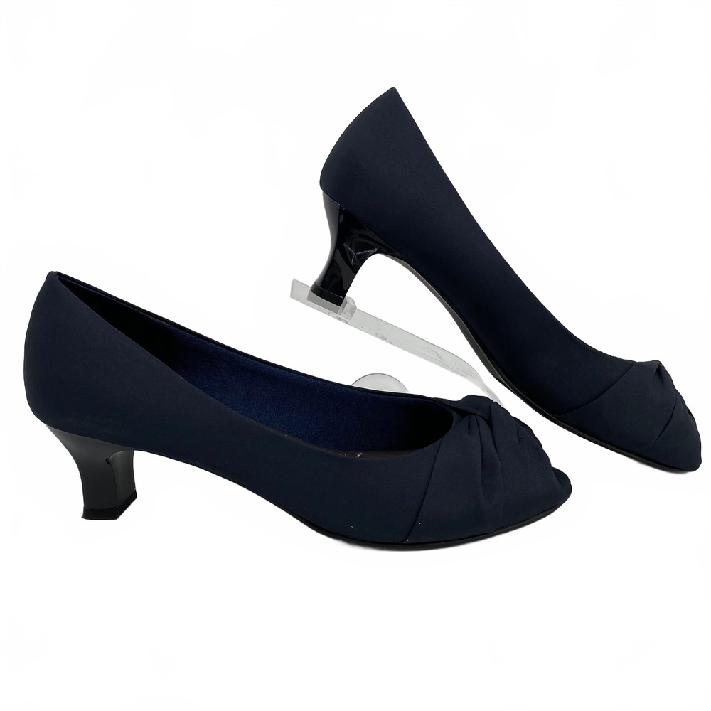 Abella Navy Peep Toe Heels | Navy Faux Leather Textile, Size 11
